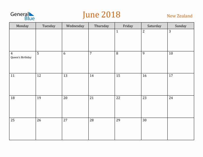 June 2018 Holiday Calendar with Monday Start