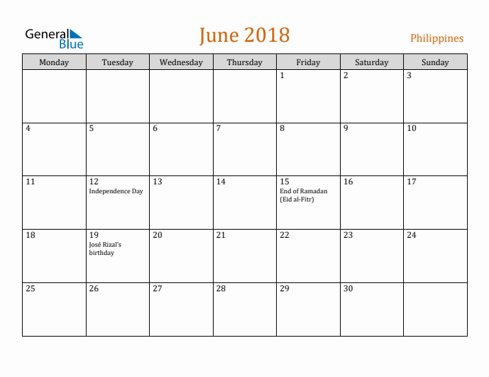 June 2018 Holiday Calendar with Monday Start