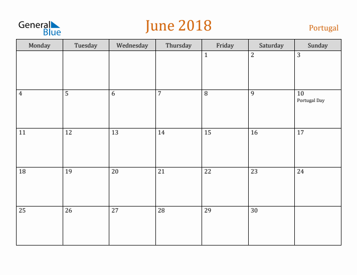 June 2018 Holiday Calendar with Monday Start