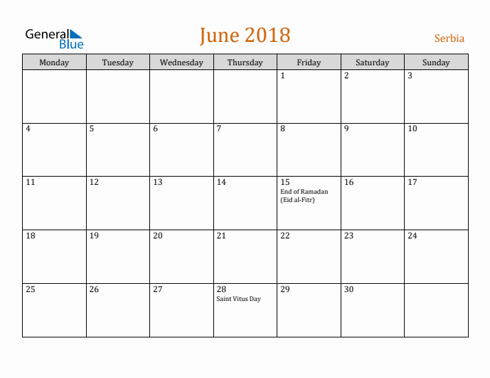 June 2018 Holiday Calendar with Monday Start