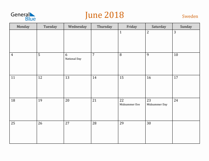 June 2018 Holiday Calendar with Monday Start