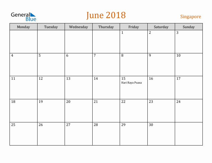 June 2018 Holiday Calendar with Monday Start