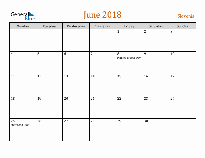 June 2018 Holiday Calendar with Monday Start