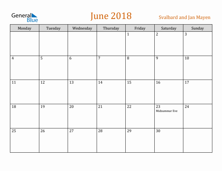 June 2018 Holiday Calendar with Monday Start