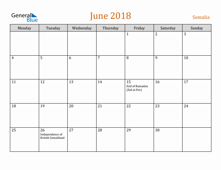 June 2018 Holiday Calendar with Monday Start