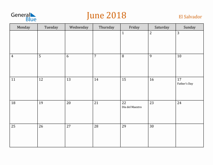 June 2018 Holiday Calendar with Monday Start