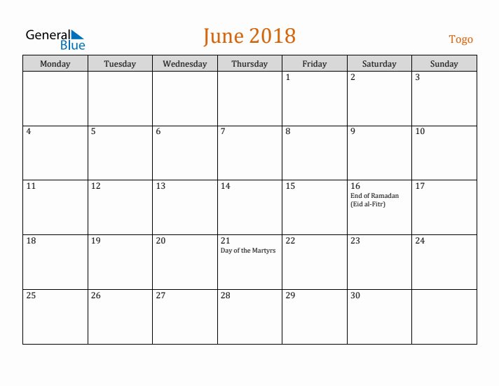 June 2018 Holiday Calendar with Monday Start