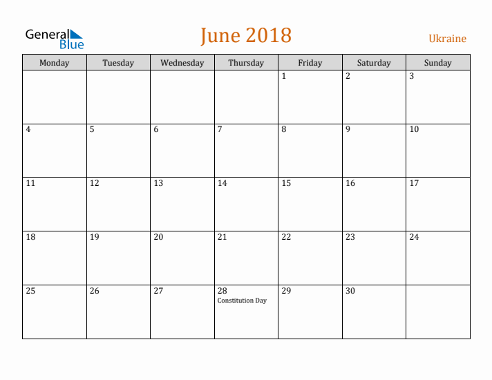 June 2018 Holiday Calendar with Monday Start