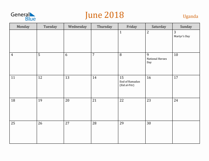 June 2018 Holiday Calendar with Monday Start