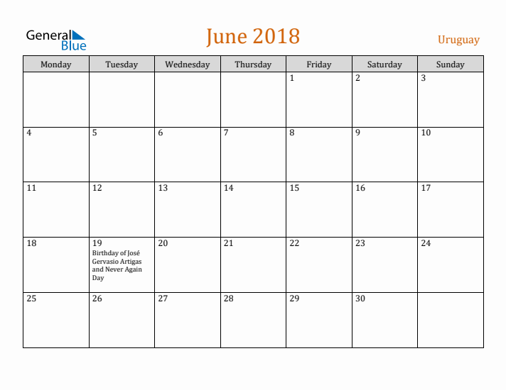 June 2018 Holiday Calendar with Monday Start