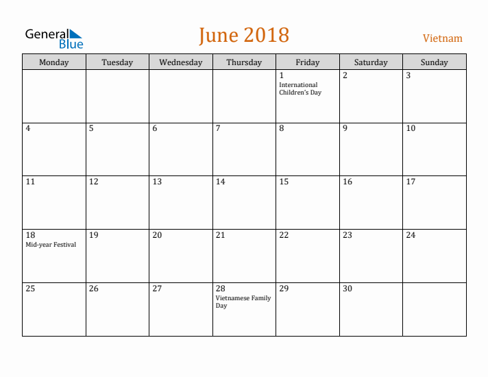 June 2018 Holiday Calendar with Monday Start