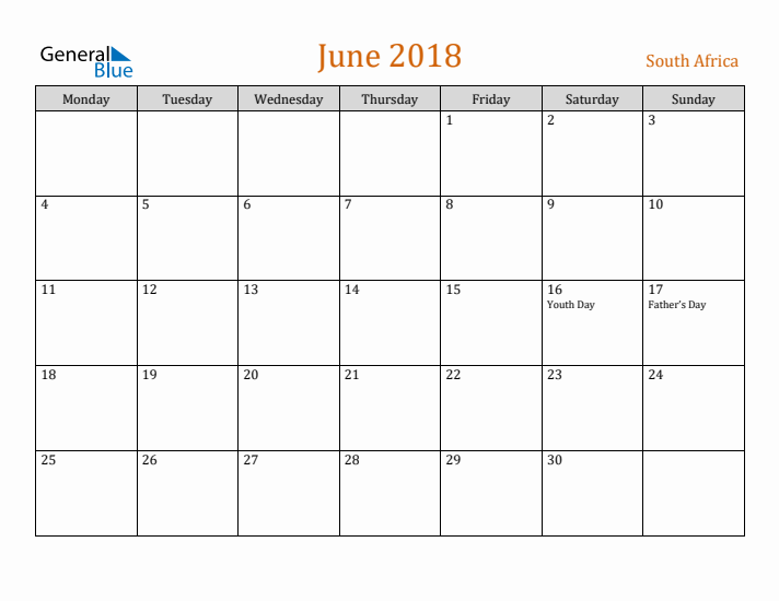 June 2018 Holiday Calendar with Monday Start