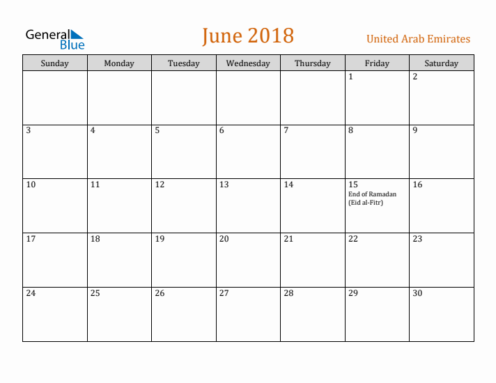 June 2018 Holiday Calendar with Sunday Start