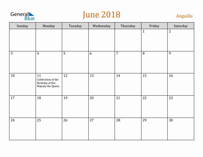 June 2018 Holiday Calendar with Sunday Start