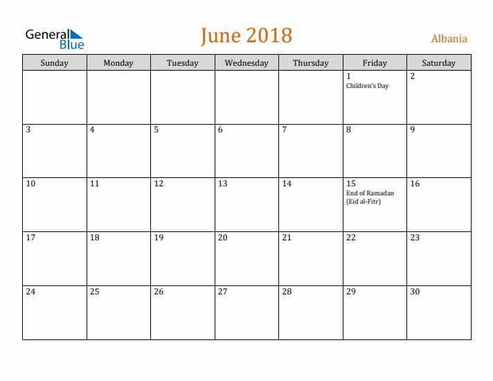 June 2018 Holiday Calendar with Sunday Start