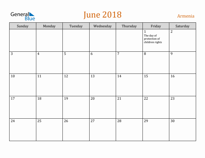 June 2018 Holiday Calendar with Sunday Start