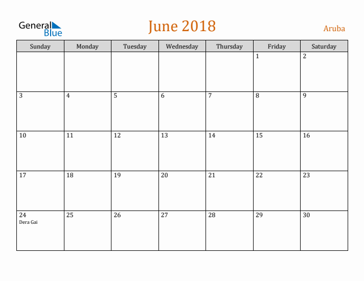 June 2018 Holiday Calendar with Sunday Start