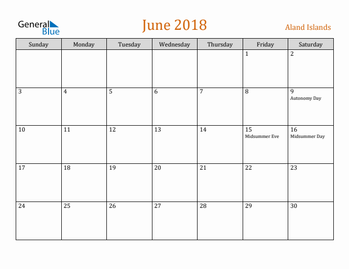 June 2018 Holiday Calendar with Sunday Start