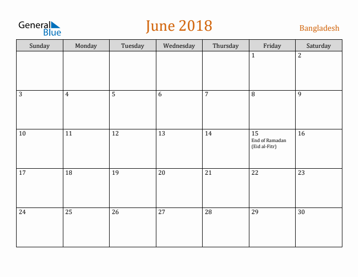 June 2018 Holiday Calendar with Sunday Start