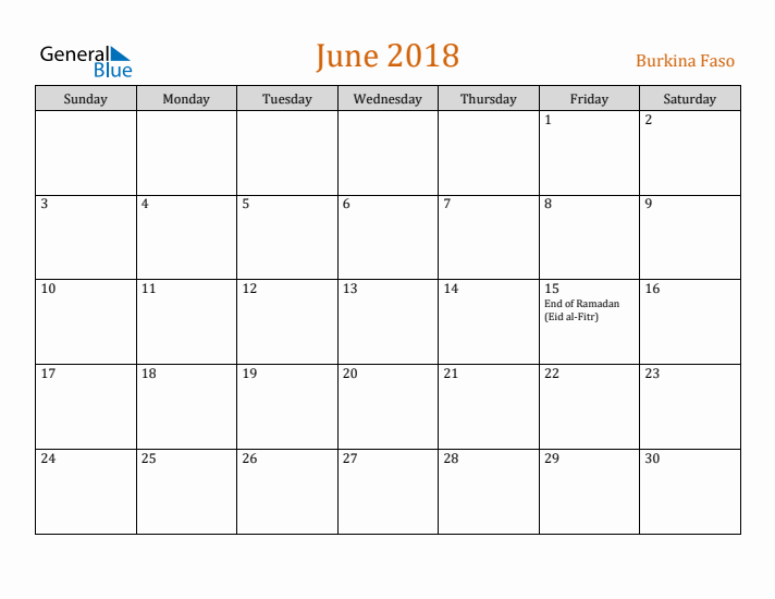 June 2018 Holiday Calendar with Sunday Start