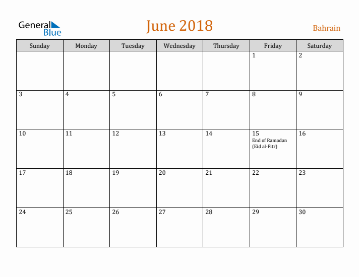 June 2018 Holiday Calendar with Sunday Start