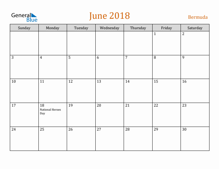 June 2018 Holiday Calendar with Sunday Start