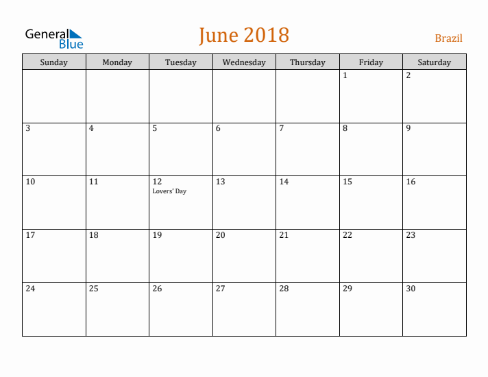 June 2018 Holiday Calendar with Sunday Start