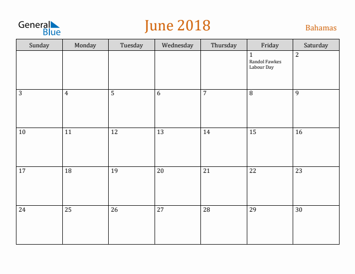 June 2018 Holiday Calendar with Sunday Start