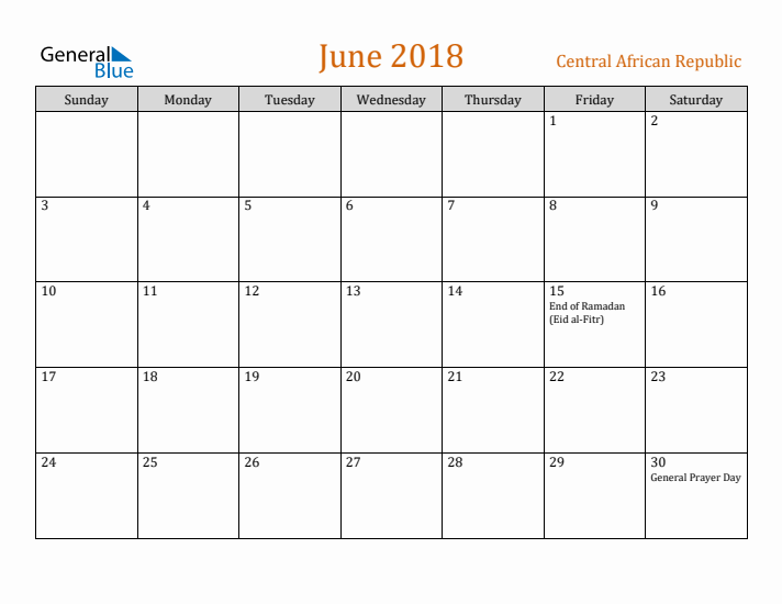 June 2018 Holiday Calendar with Sunday Start