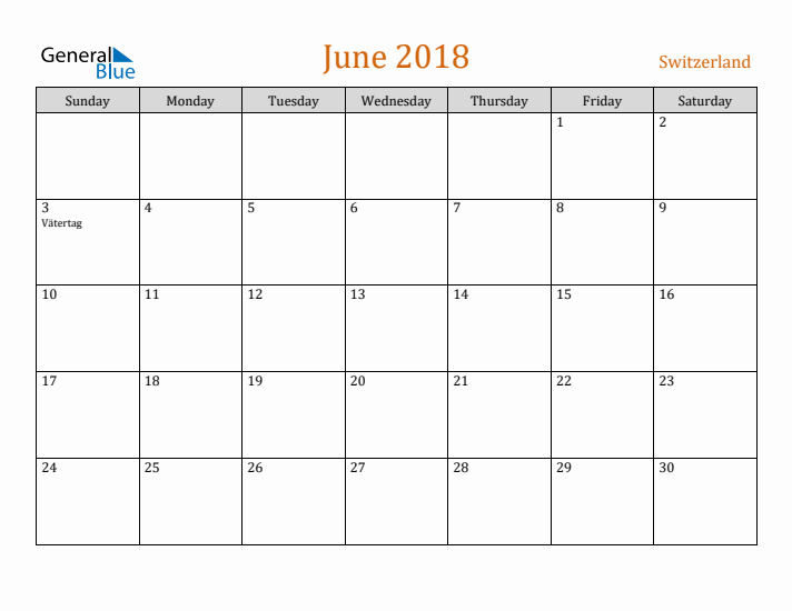 June 2018 Holiday Calendar with Sunday Start