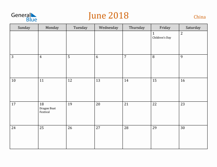 June 2018 Holiday Calendar with Sunday Start