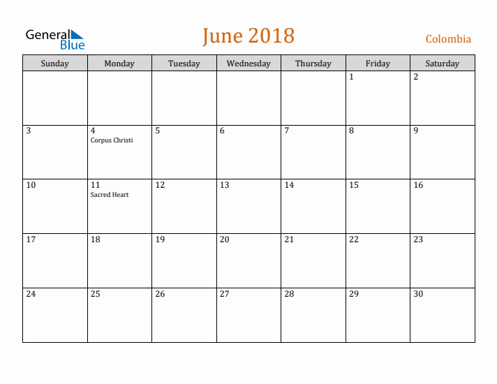 June 2018 Holiday Calendar with Sunday Start