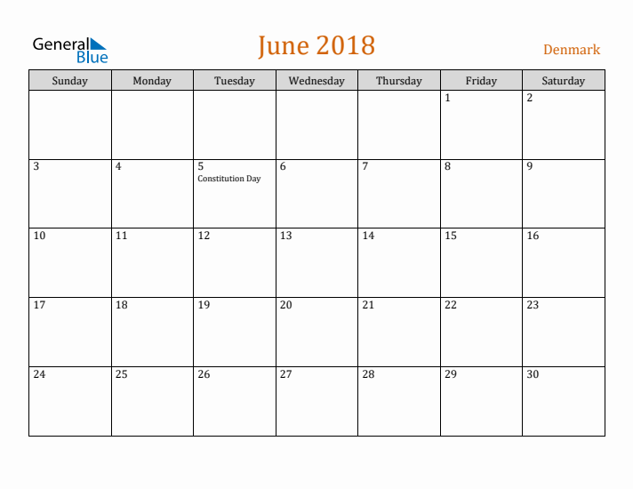 June 2018 Holiday Calendar with Sunday Start