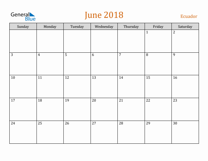 June 2018 Holiday Calendar with Sunday Start