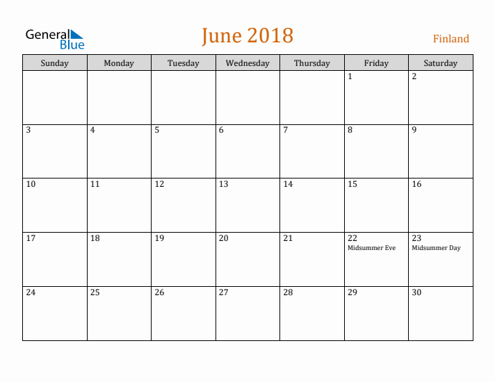 June 2018 Holiday Calendar with Sunday Start