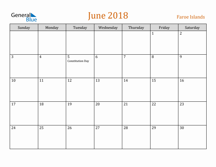 June 2018 Holiday Calendar with Sunday Start