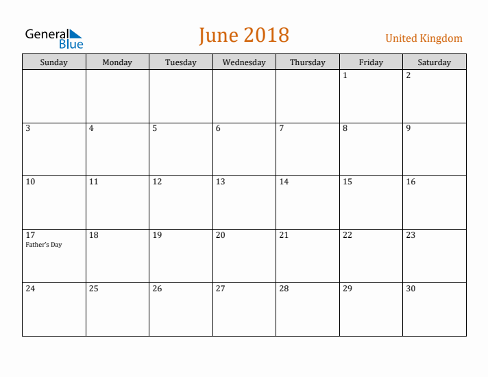 June 2018 Holiday Calendar with Sunday Start