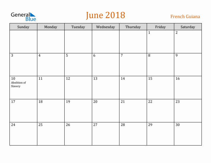 June 2018 Holiday Calendar with Sunday Start