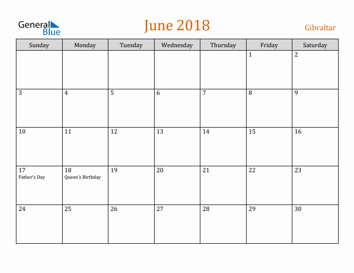 June 2018 Holiday Calendar with Sunday Start