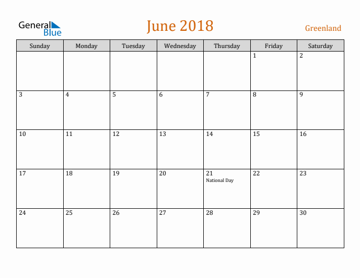 June 2018 Holiday Calendar with Sunday Start