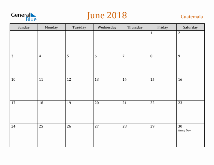 June 2018 Holiday Calendar with Sunday Start