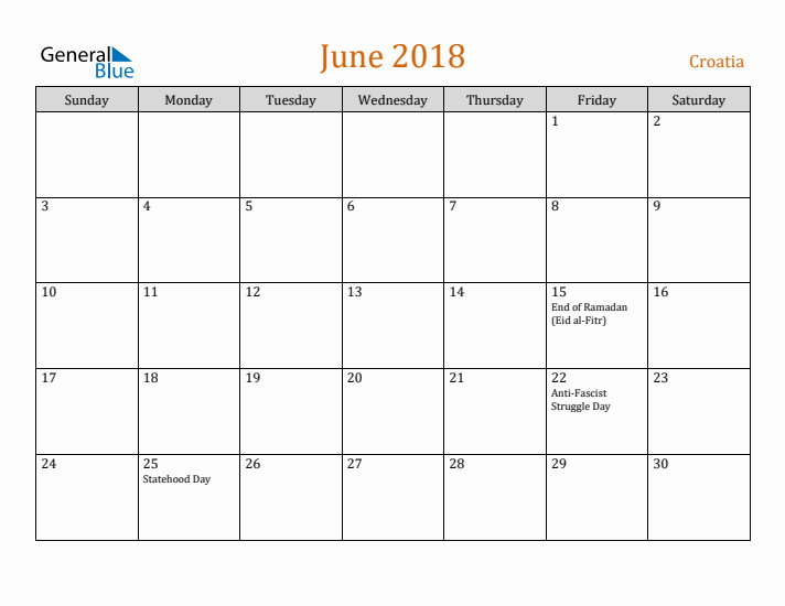 June 2018 Holiday Calendar with Sunday Start