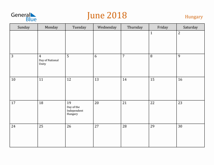 June 2018 Holiday Calendar with Sunday Start