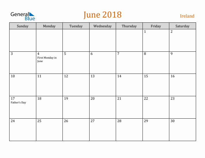 June 2018 Holiday Calendar with Sunday Start