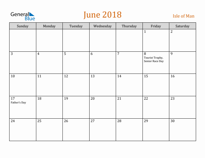 June 2018 Holiday Calendar with Sunday Start