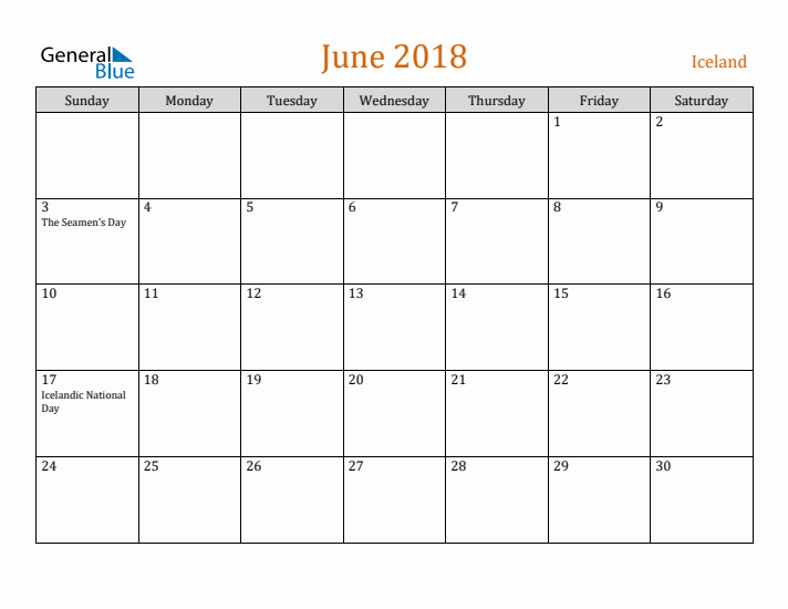 June 2018 Holiday Calendar with Sunday Start