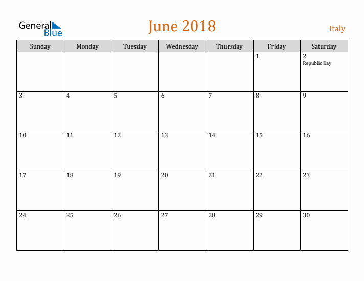 June 2018 Holiday Calendar with Sunday Start