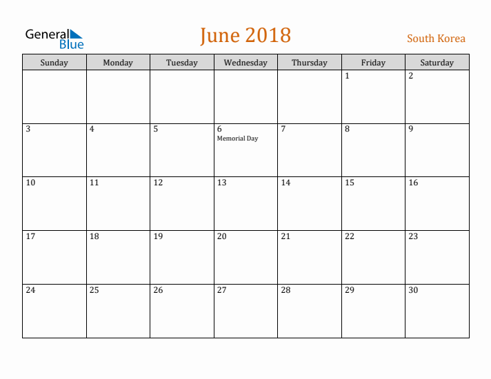 June 2018 Holiday Calendar with Sunday Start