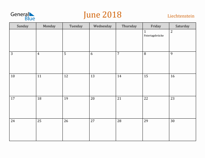 June 2018 Holiday Calendar with Sunday Start