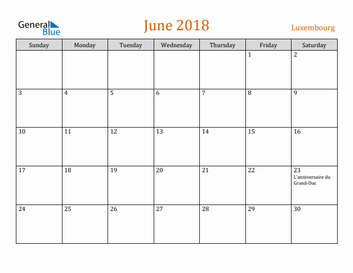 June 2018 Holiday Calendar with Sunday Start